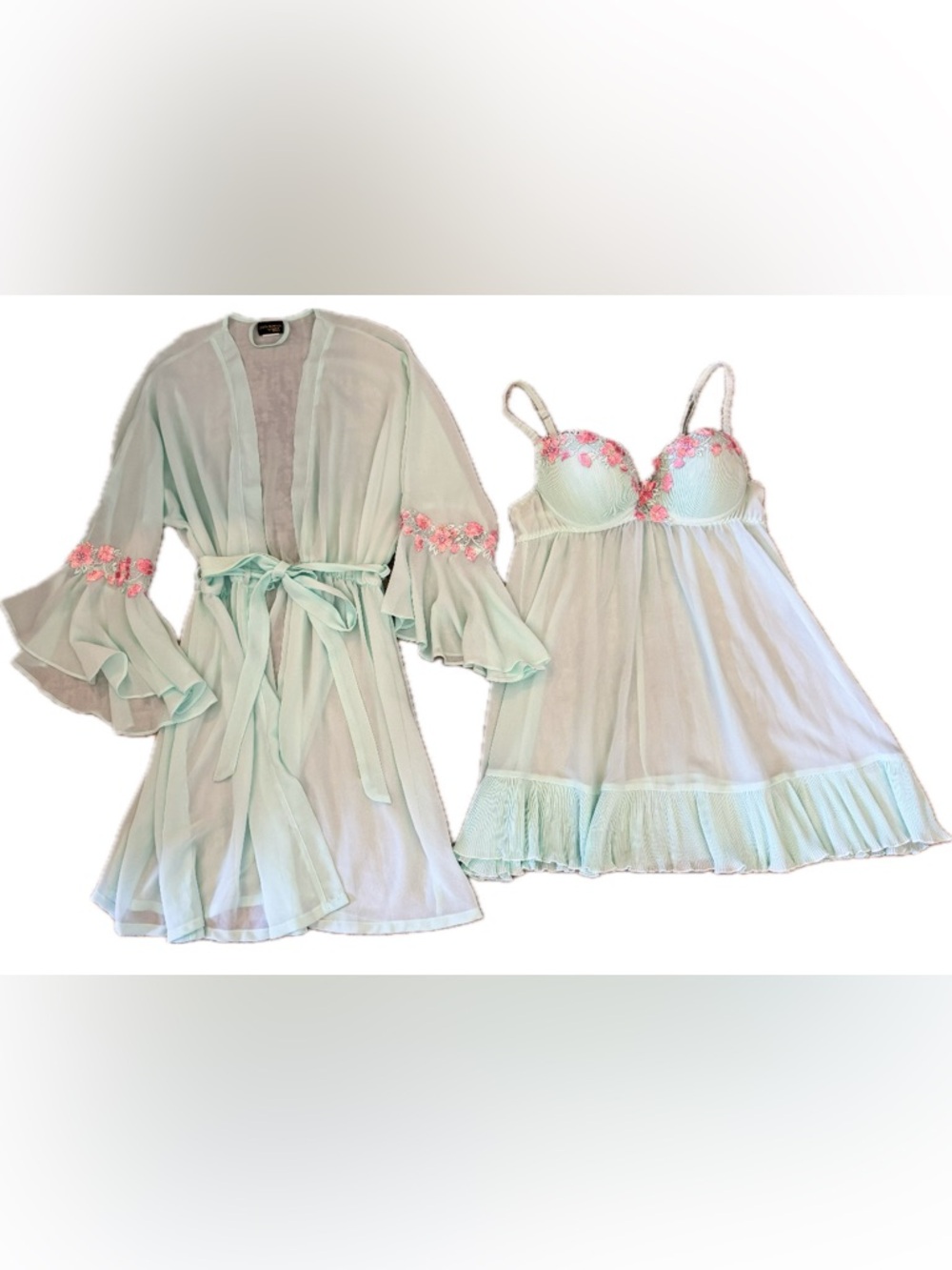 Sheer Turquoise/Mint Floral-Embroidered Babydoll Chemise with Robe